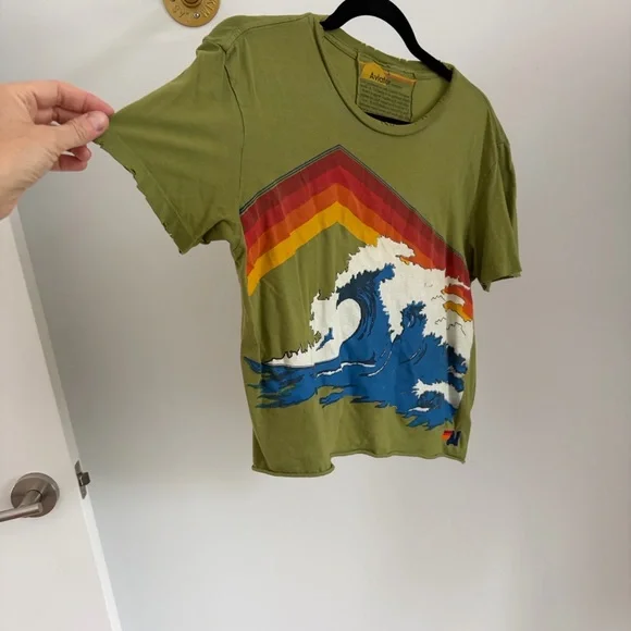 Super Rare Aviator Nation Olive Green Tee with Vibrant Wave Graphic SM - Picture 5 of 10